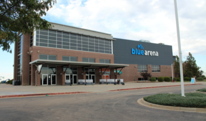 Photo of the Blue Arena's south wall sign.