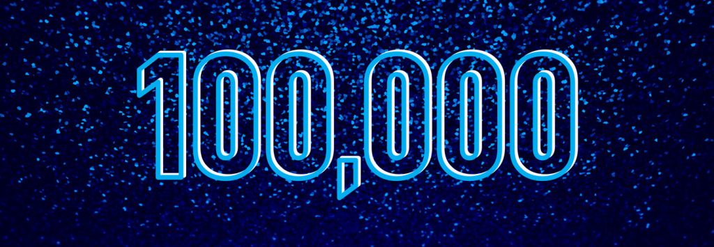 Text showing "100,000" over blue confetti