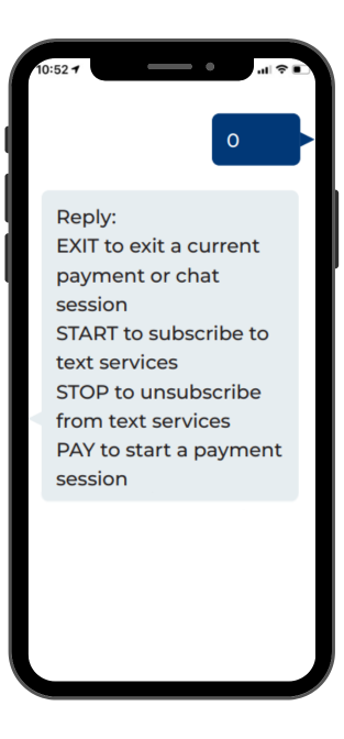Repay Access Menu, Member texting "0" and service replying with menu items.