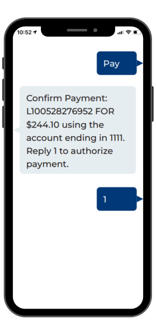 Repay response to "Pay". Showing an example payment confirmation message.