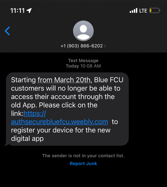 Screenshot of a scam text received on March 21, 2024