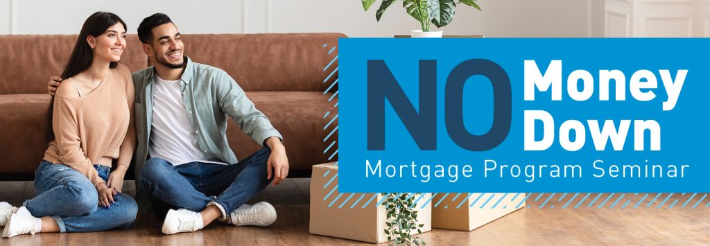 No Money Down Mortgage Seminar Header. Two people sitting on the floor next to boxes.